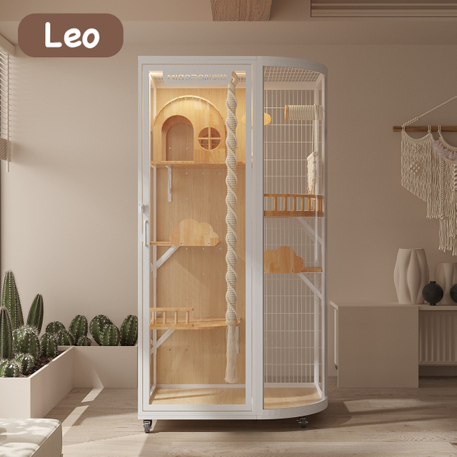 Small Size Compact Luxury Round Glass Cat Villa with Solid Wood 