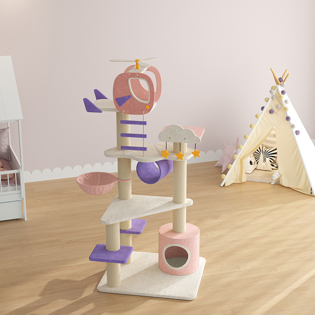 Small Plane Series Cat Tree with Helicopter and Cloud Design