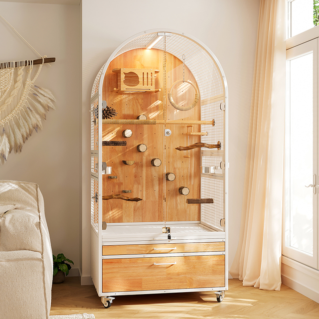 Arched Luxury Wooden-Glass Bird Aviary with Steel Frame